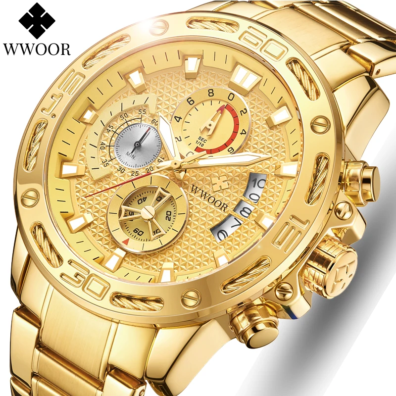 WWOOR Mens Watches Top Brand Fashion Luxury Gold Stainless Steel Quartz Watch Men Waterproof Sport Chronograph Relogio Masculino