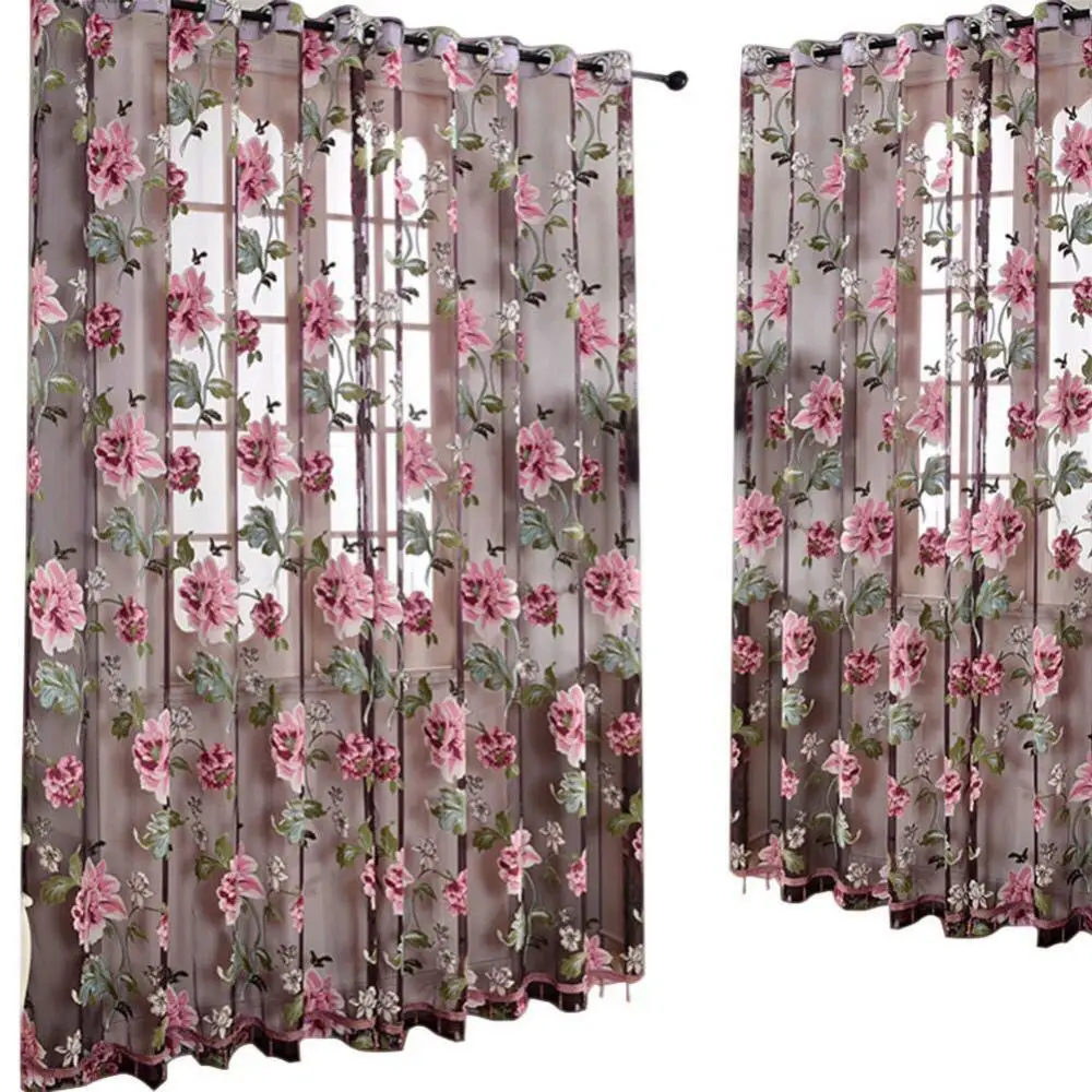 2021 New Door Blinds Window Peony Printed Transparent Tulle Curtain Room Divider Valance Decoration Curtains Voile Living Room