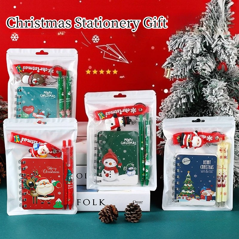 4pcs (Includes 1 Notebook+2 Pens+1 Keychain) Christmas Stationery Set,Notebook Neutral Pen Gift Pack Keychain Set,Christmas Gift