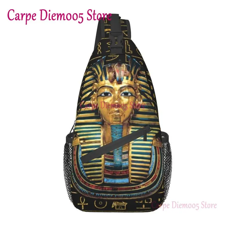 

Cool Ancient Gold Pharaoh Egypt King Tut Sling Crossbody Backpack Men Egyptian Hieroglyphic Shoulder Chest Bags for Hiking