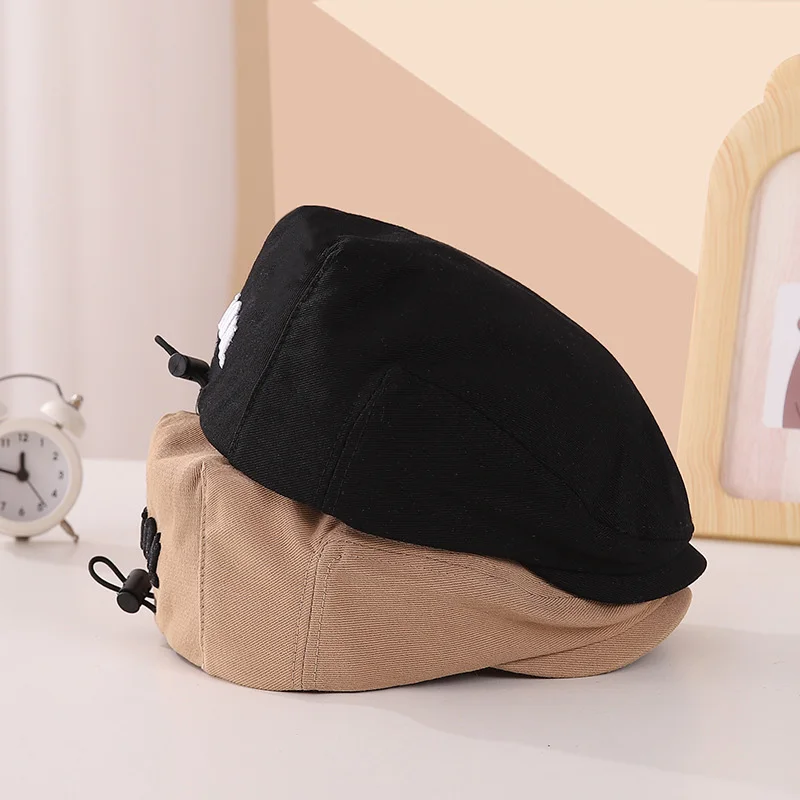 Korean Embroidered Kids Beret Hat Solid Letter Baby Adjustable Drawstring Forward Summer Cotton Children Flat Peaked beret hat woolen beret