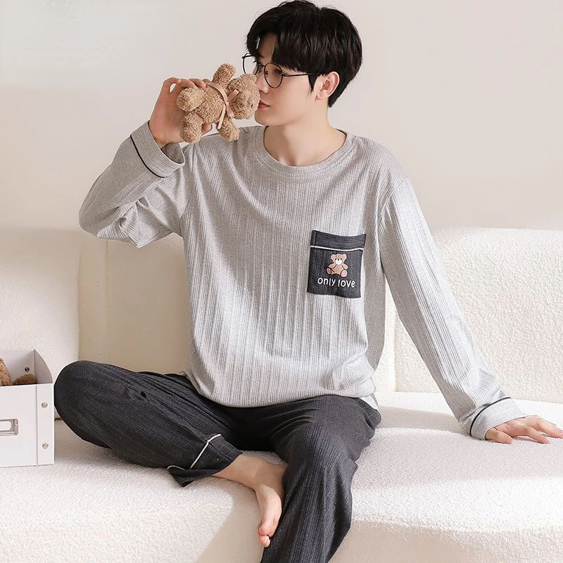 Pyjamas Men Cotton Pajama Sets Long Sleeve Long Pants Sleepwear Pullover Homewear Sets Korean Fashion Loose Casual Nightwear