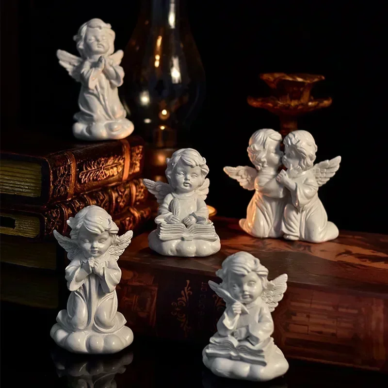 Resin Girl Wings Europe Angel Figurines Peaceful Prayer Sculpture Desktop Ornaments Retro Praying Angels for Living Room Cabinet