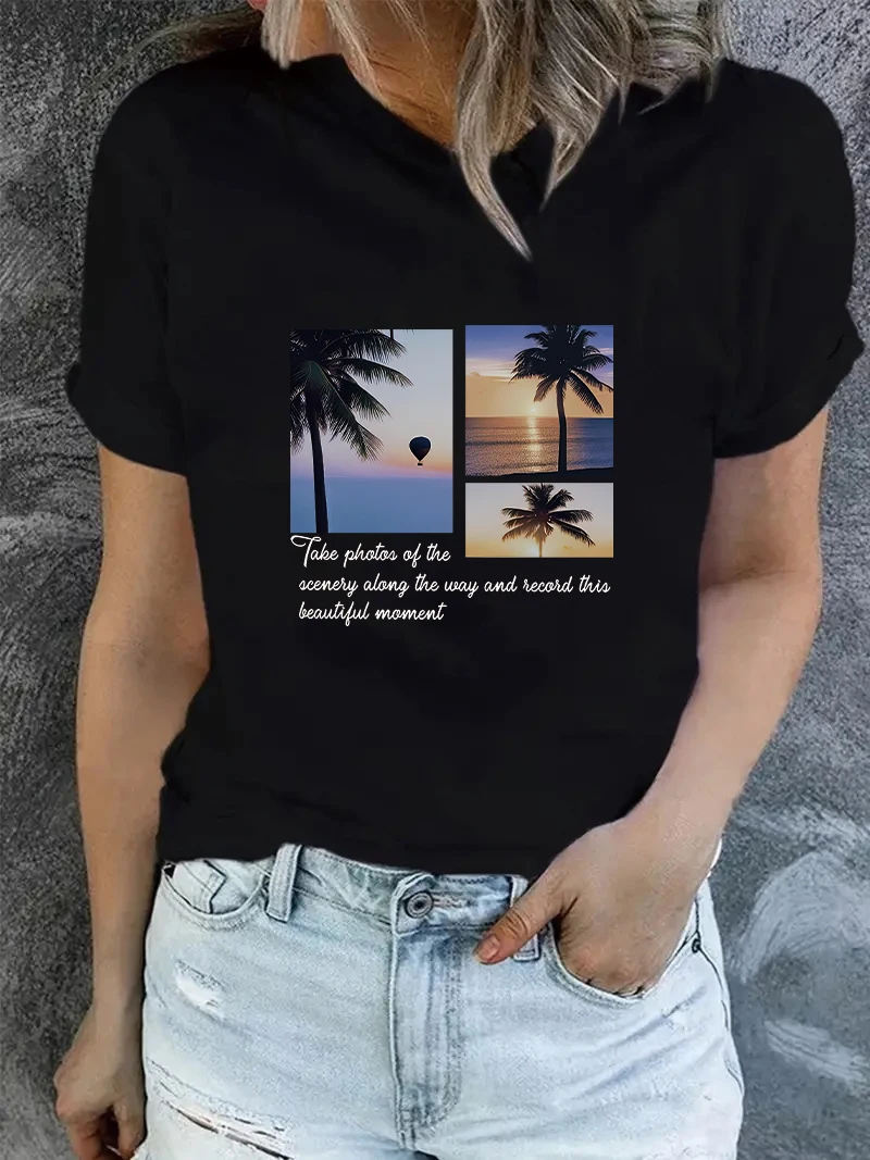 Женский топ с коротким рукавом и круглым вырезом, с принтом