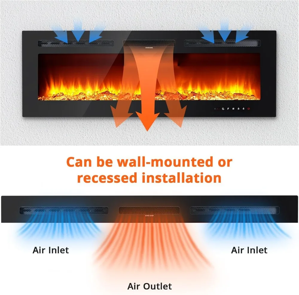 50 Inch Electric Fireplace, Wall Mounted/Recessed, Remote Control, Adjustable Flame & Heat, Low Noise 45dB