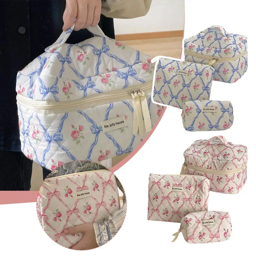 Women Cute Bow Flower Zipper Quilting Cotton Makeup Bag