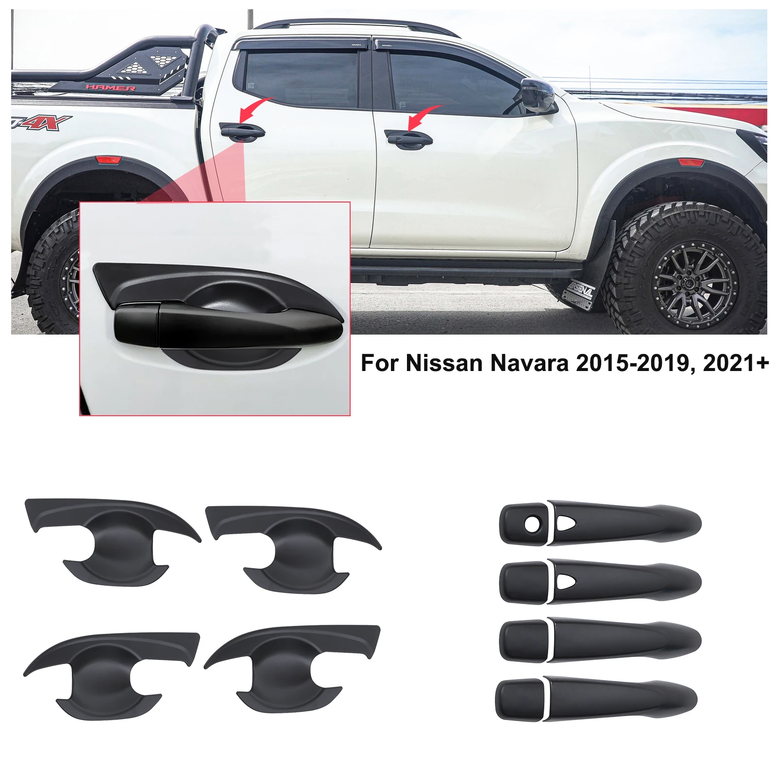 닛산 나바라 NP300 2015-2025 ST SL 4PCS 사이드 도어 핸들 커버 자동차 액세서리 볼 인서트 스크래치 커버 트림 픽업 트렁크