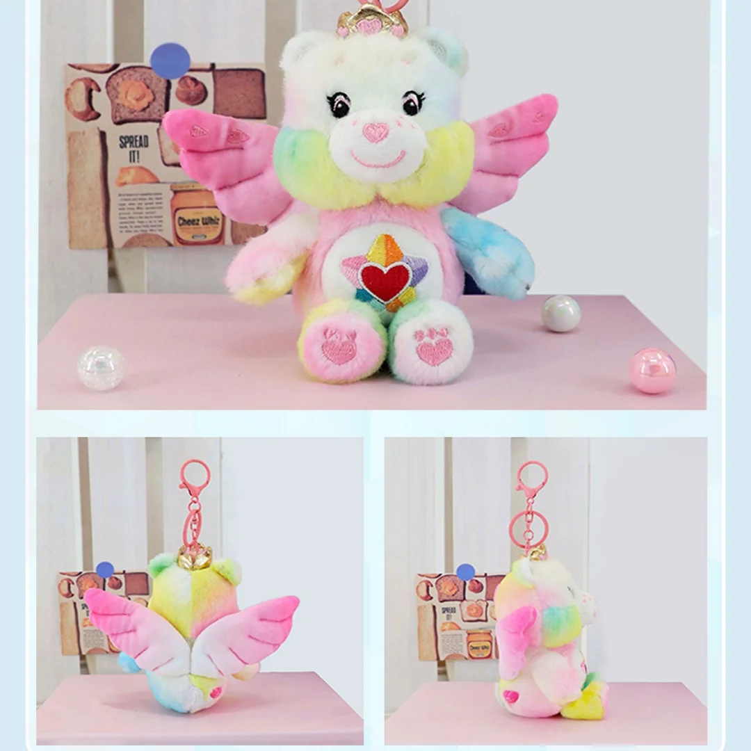 케어베어스 천사 날개 플러시 키체인 귀여운 곰 펜던트 15cm 카와이 가방 참 장식 부드러운 봉제인형 키링 어린이 생일 선물