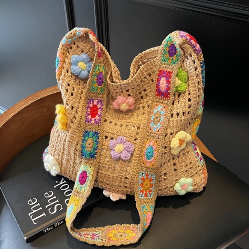Women's Boho Crochet Bag Designer Flowers Knitted Handbags Large Capacity Summer Beach Woven Shoulder Bag Girls Tote Shopper Bag