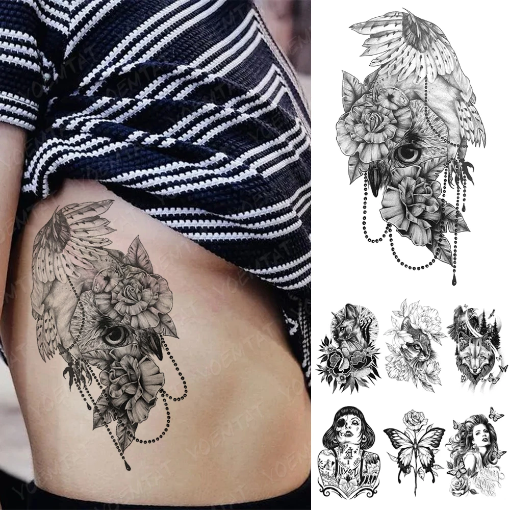 

Waterproof Temporary Tattoo Sticker Owl Jewelry Feather Rose lace Flash Tattoos Gothic Y2K Body Art Arm Fake Tatoo Men Women
