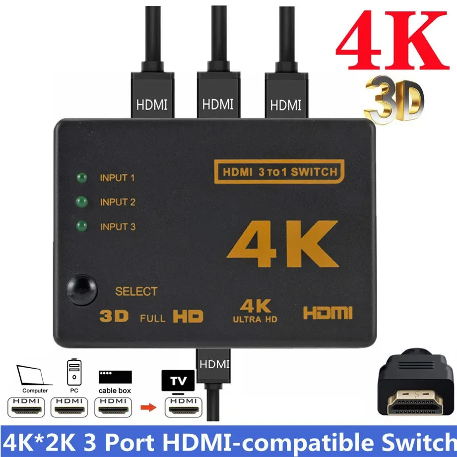 

4K 2K 3x1 HDMI Cable Splitter HD 1080P Video Switcher Adapter 3 Input 1 Output Port HDMI Hub for Xbox DVD HDTV PC Laptop TV