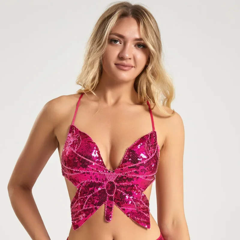 Y2K 나비 스팽글 크롭탑, 등 없는 V넥 밸리 댄스 의류, 축제 의상, 트렌디 밴디지 탑, 섹시한 조끼, 여름 패션