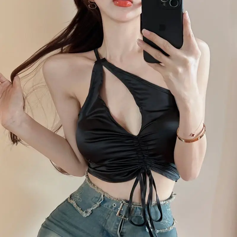 Gothic Girl Hollow Out Skew Collar Short Length Camisole Black Street Female Shirring Crop Camis Mujer Korean Backless Sexy Vest