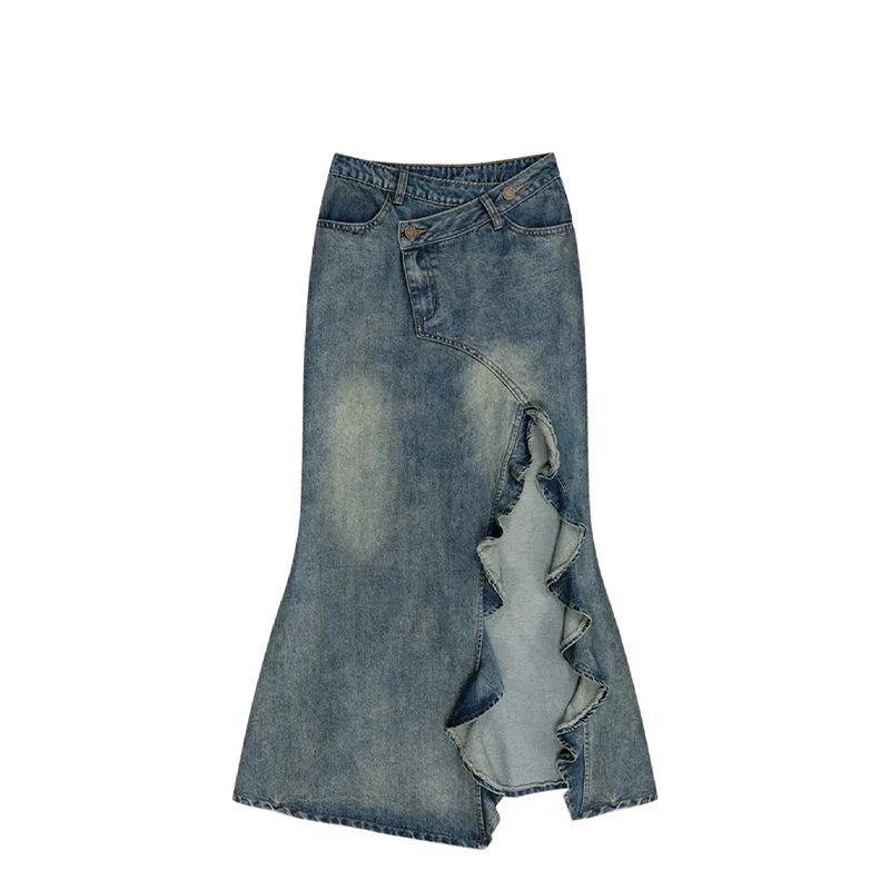 Fish Tail Irregular Split Denim Skirt Blue Lace Wave High Waist Spicy Girl Wrap Hip Skirt  korean fashion clothing швабра и ведро xiaomi blue fish mop white