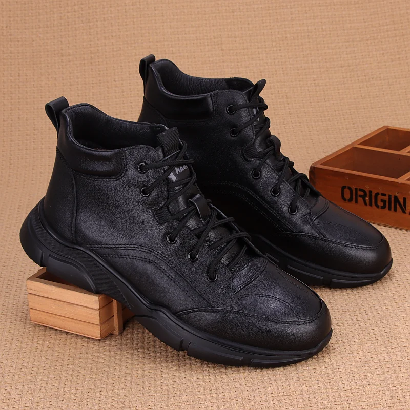 

2023 New Winter Genuine Leather Ankle Boots Outdoor Warm Cotton High-top Casual Shoes Handmade Business Black Boots M82032