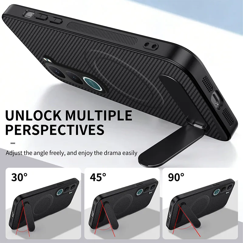 Business Carbon Fiber Magnetic Phone Case with Foldable Kickstand and Anti-Fall Texture Cover