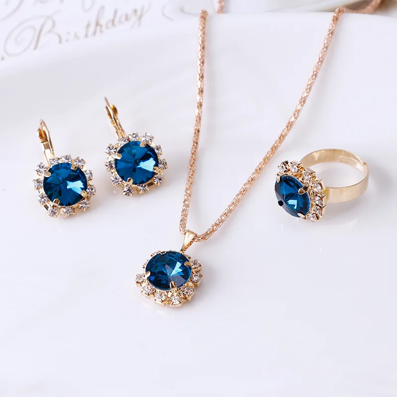 Fashion Jewelry Set for Women Round Crystal Pendants Earrings Ring Sets Bridal Decoration Colorful Three Piece Gifts