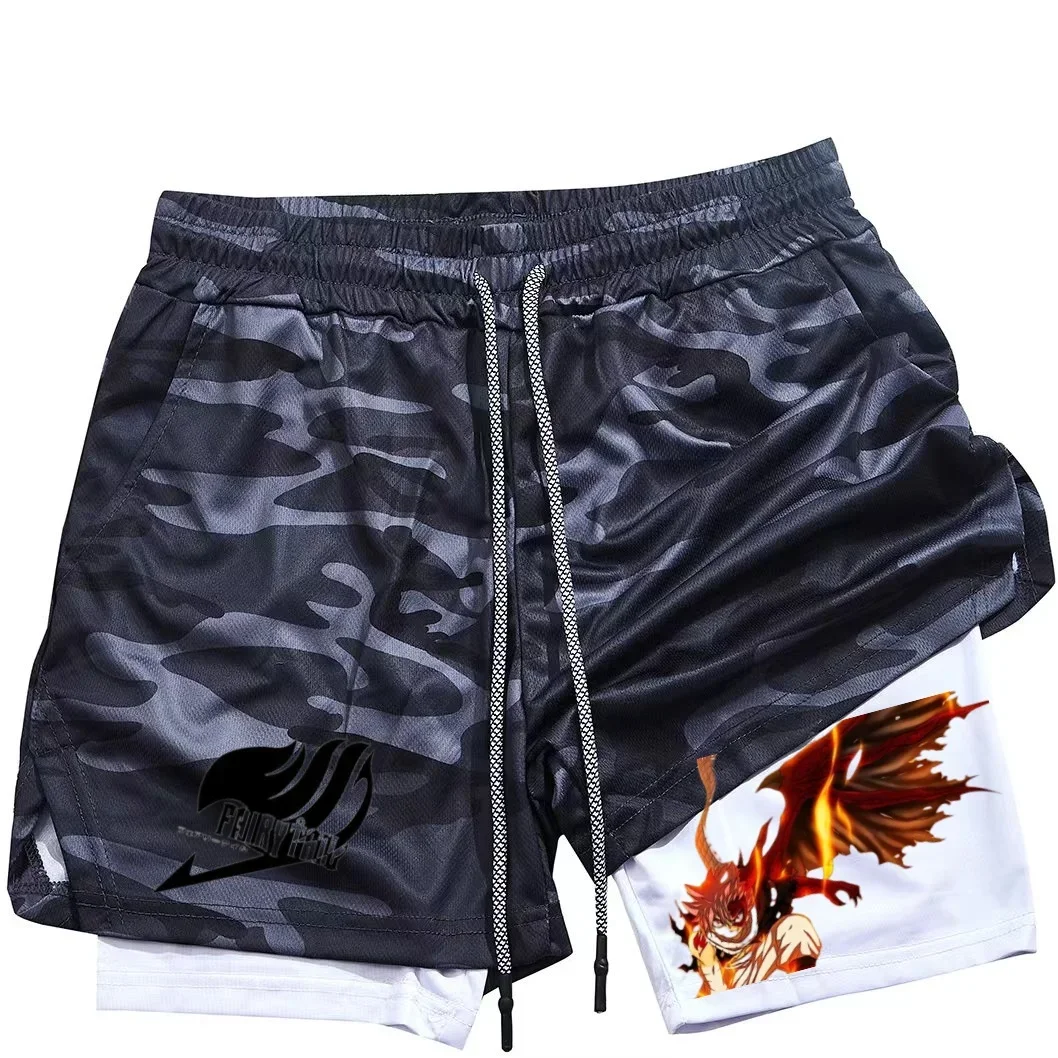 Men's double layered animated fairy tail shorts, gym training print sportswear, multifunctional, quick drying, running, M-3XL 2