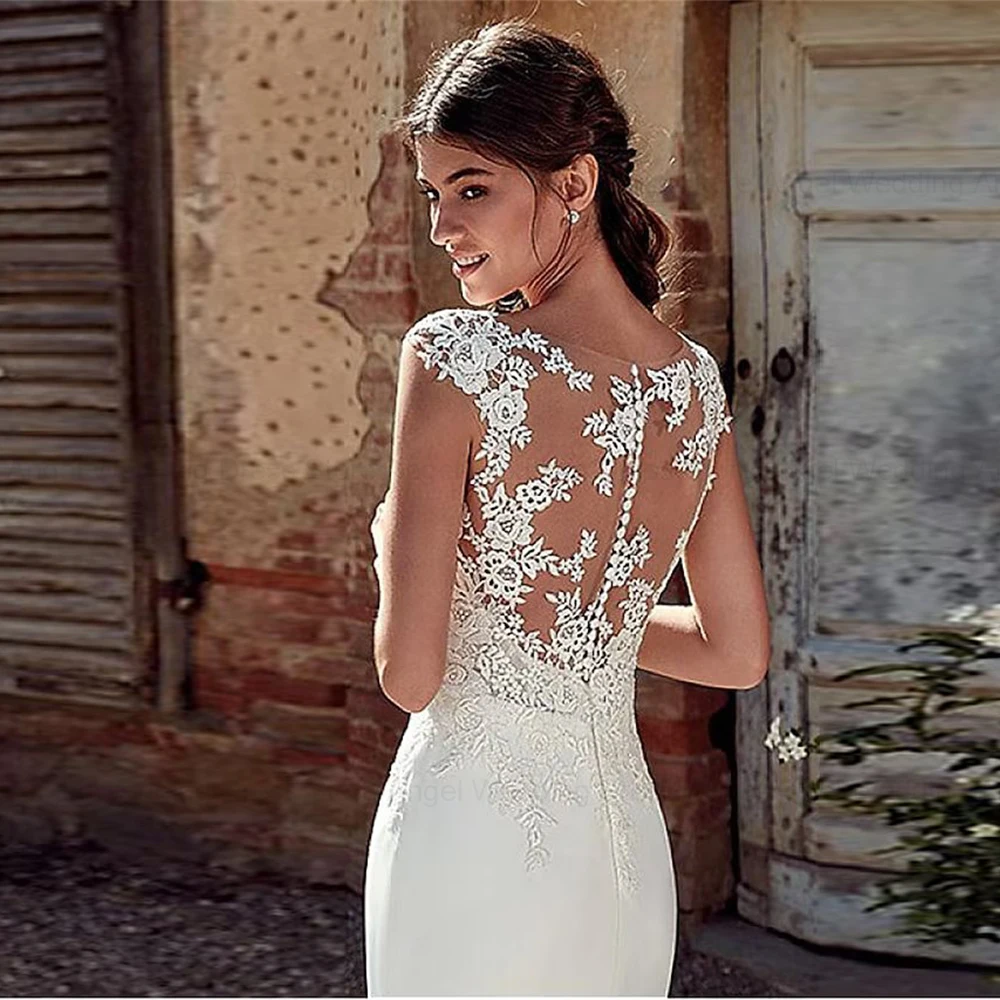 ANGEL Civil Mermaid Wedding Dresses Lace Scoop Neck Vestido Noiva Boho Soft Satin White Bridal Gowns Illusion Appliques Back 4