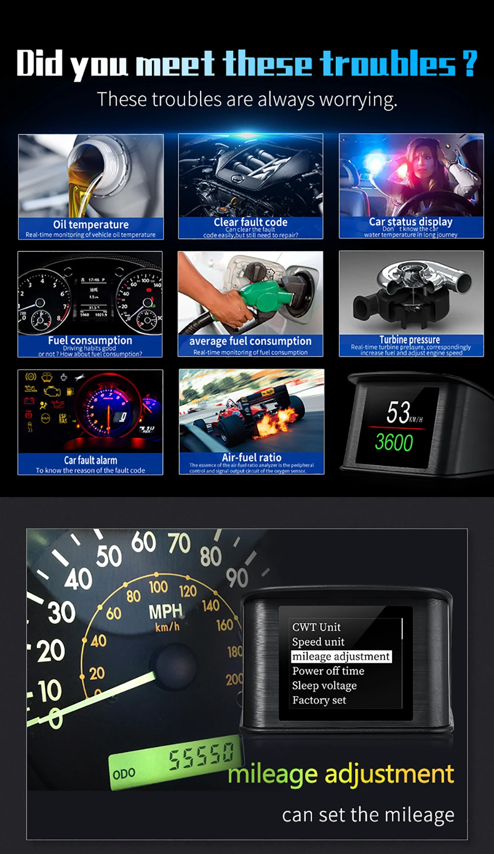 P10 Pro Head Up Display On-board Computer Car Digital OBD2 Mileage OBD Driving C