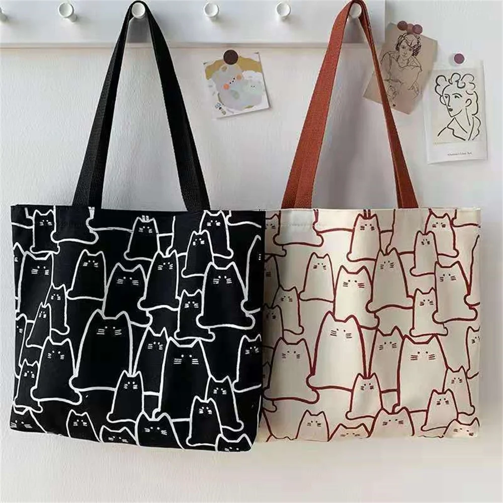 Cute Cat Print Picnic Bag Large Capacity Canvas Simple Shoulder Tote Bags Women Zipper Handbag Camping Accessories