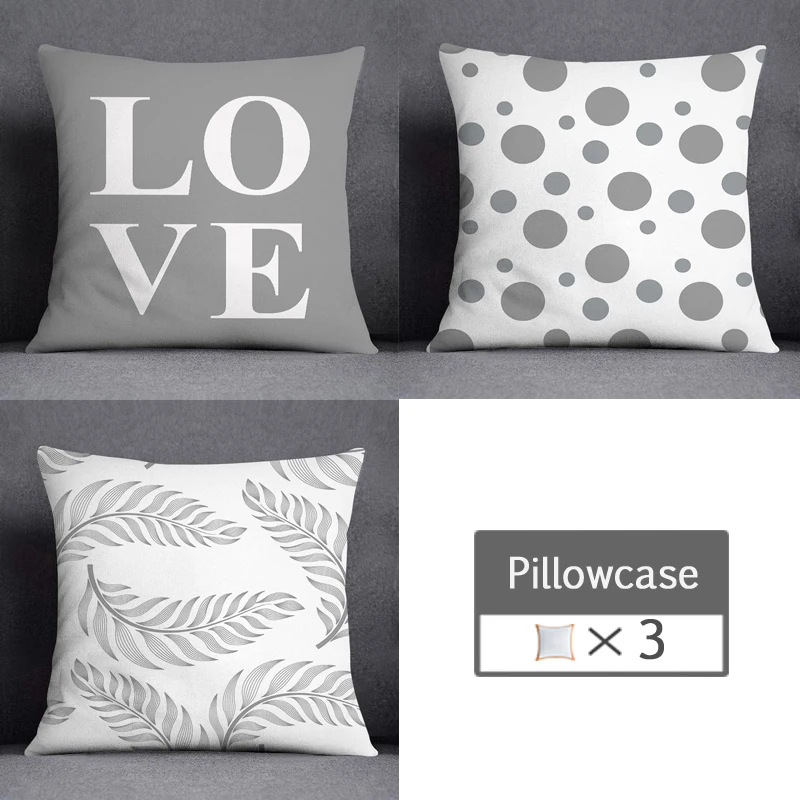 3pcs/lot 45X45CM Gray Lumbar Pillow Case Polyester Geometry Leaf Floral Stripes Plaids Print Sofa Throw Cushion Cover Home Decor 