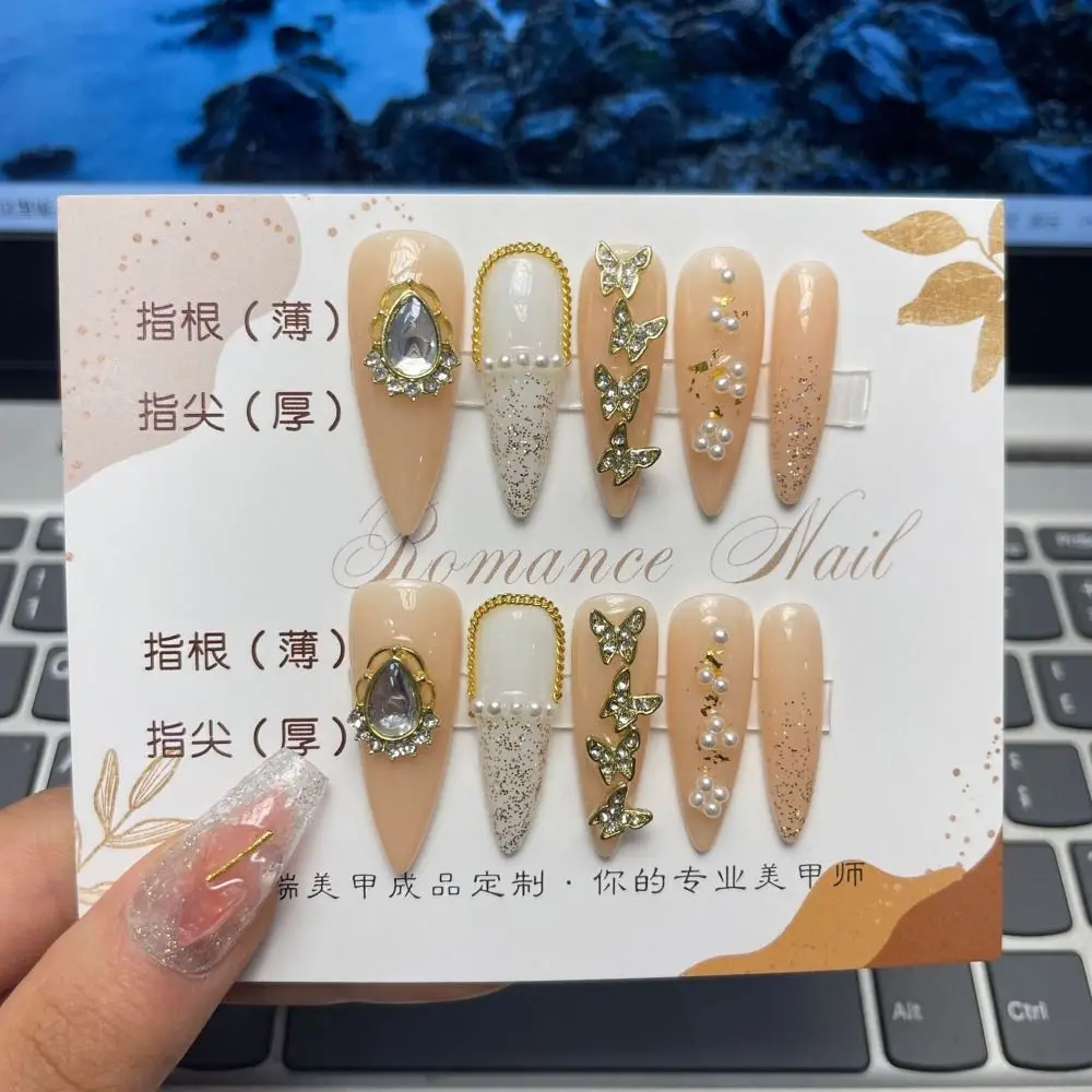 

10Pcs XS S M L Pearl Pendant Handmade Nails Full Cover with Rhinestones Gold Chain Fake Nail with Tool Box Press on Nails