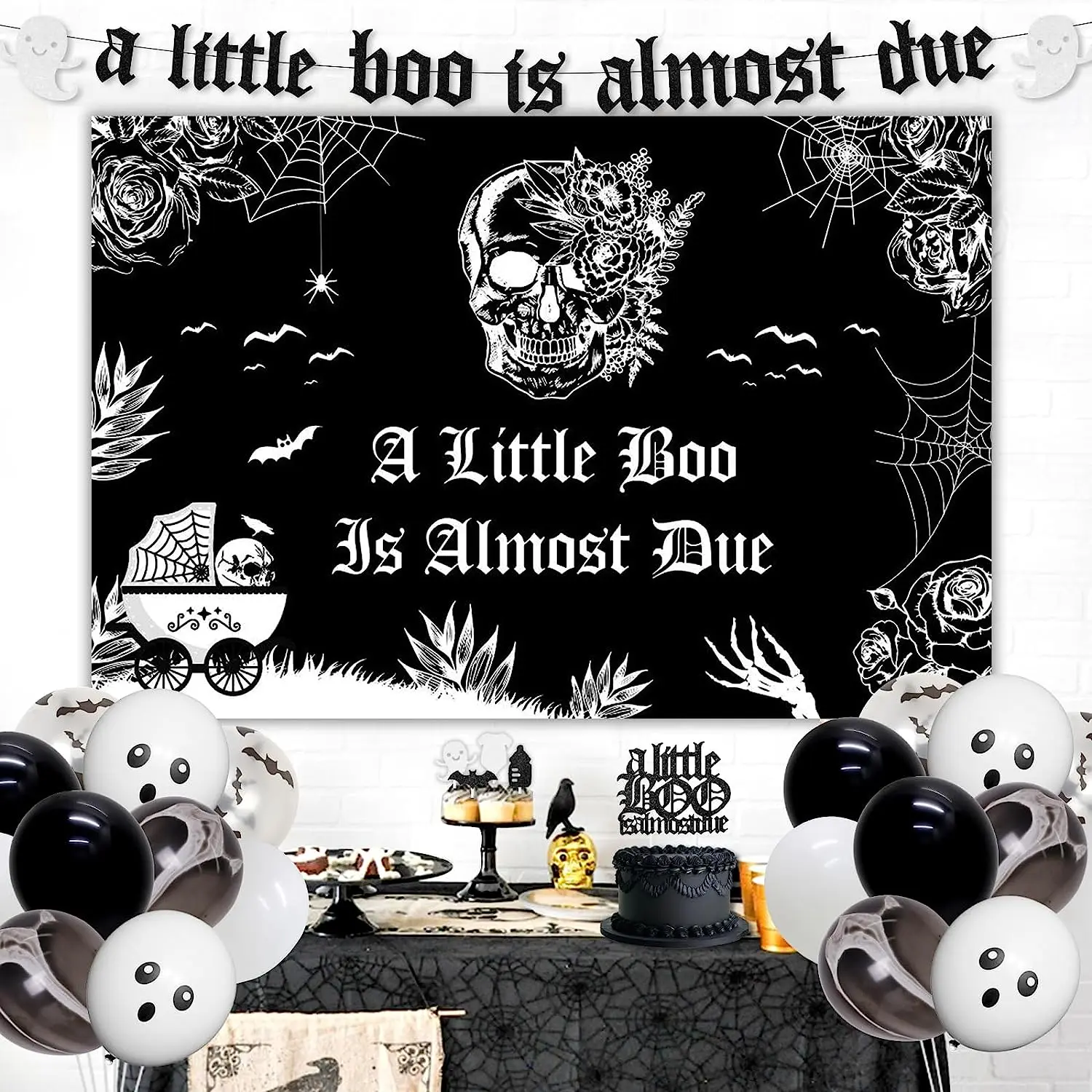 A Little Boo Is Almost Due Halloween Baby Shower Decorations Kit – Black & Silver Balloon Garland - View #3