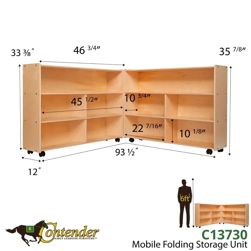 Extra large folding mobile storage organizer for daycare classroom preschool wood furniture on rolling casters with 4 shelves
