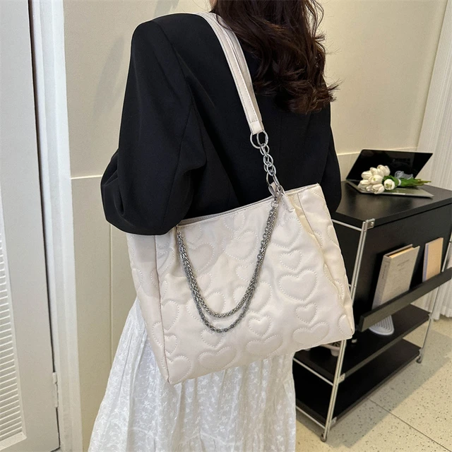 Peach Heart Chain Canvas Bag Women 2023 New Fashion Sweet and Cute