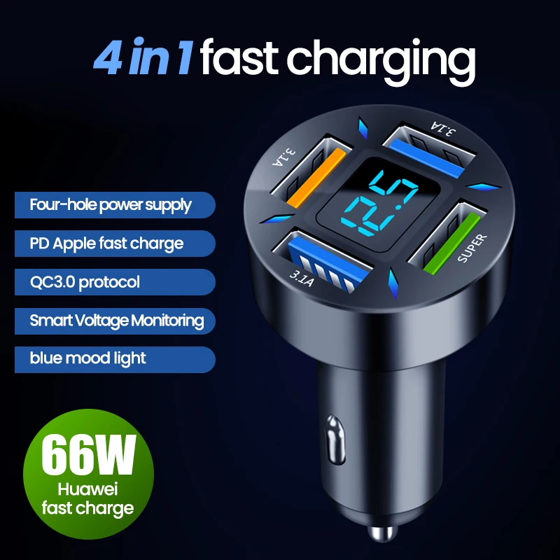 USB Car Phone Charger Adapter, 4 Portas, Carregamento Rápido, PD, Carga Rápida 3.0, iPhone 13, 12, Xiaomi, Samsung, 66W