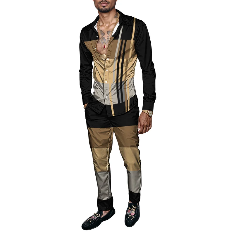 2025 Trendy Men Shirt Set Geometry Print Summer Fashion Simple Two Piece Set Mens Gradient Lightweight Party Long Sleeves Suit_voghion.com