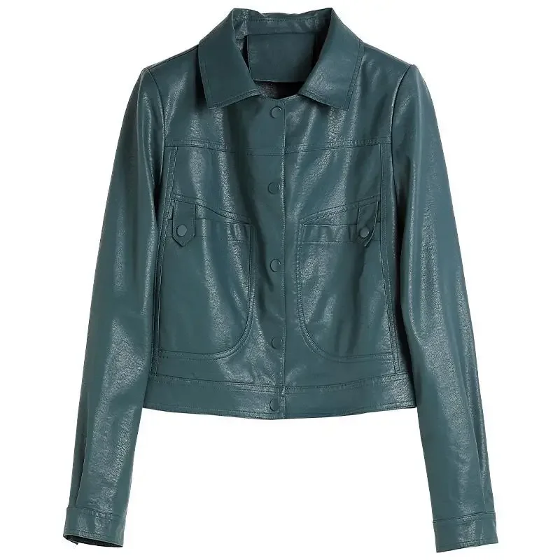 1pcs Womens Short PU Leather Jackets Coat 2024 Autumn New Faux Fur Single Breasted Splicing Ladies Skinny Locomotive Small Coats