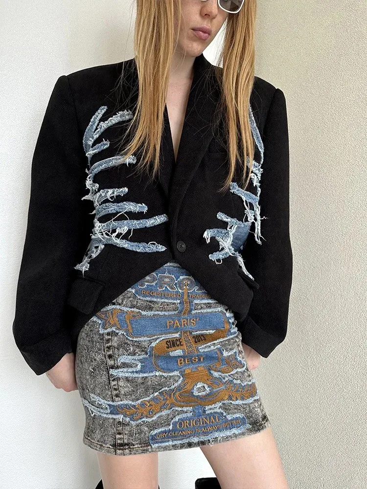 TWOTWINSTYLE Colorblock Spliced Denim Blazers For Women Notched Collar Long Sleeve Patchwork Button Chic Blazer Female Clothing