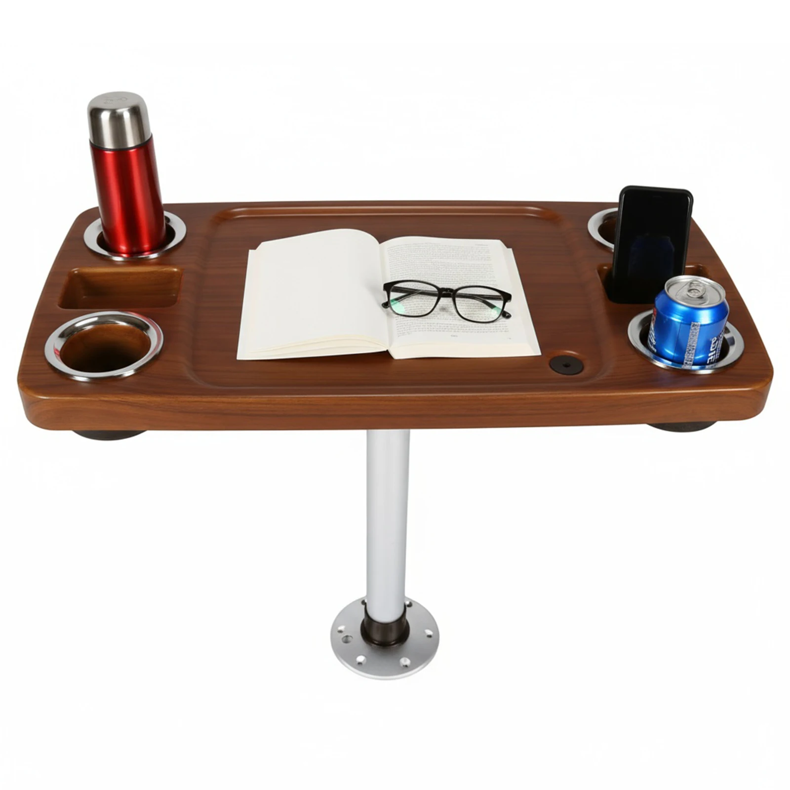 Marine Teak Lacquered Dining Table 4 Drink Holders 2 Phone Stands 34X18 Inch Boat Table Pedestal Set Plastic Ship Accessories