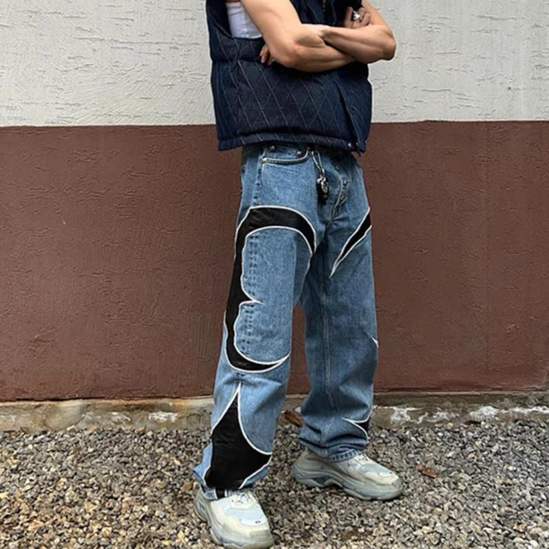Thug Club Pu Leaher Embroidery Patchwork Baggy Y2K Jeans Men's Streetwear Straight Oversized Denim Trousers Unisex Cargo Pants 2
