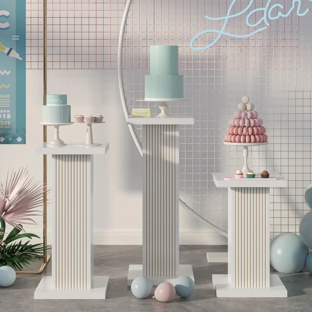 3PCS Square Pedestal Stand for Party,White Wood Display Pedestal Stands for Parties,Fluted Plinth Pillars Table Stands 3