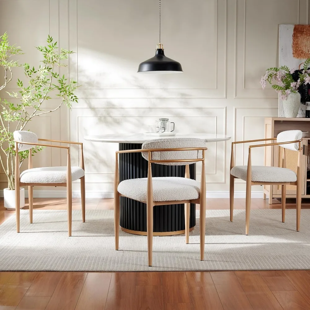 Boucle Dining Chairs Set of 2, Modern Armchairs with Wood Grain Metal Legs for Kitchen, Living Room, Restaurant 6