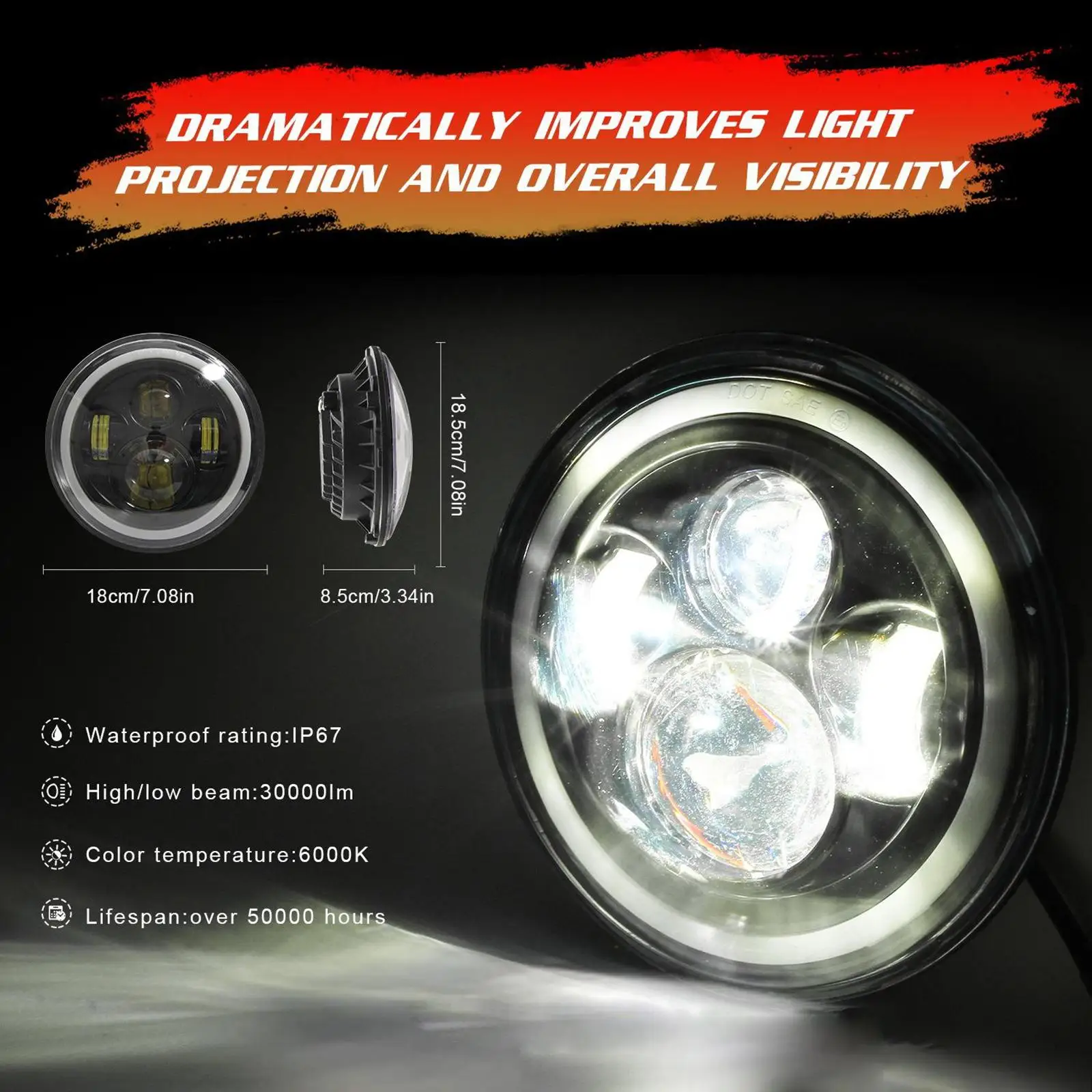 2x7Inch Round Headlights 200W Amber Turn Lights for Jeep Wrangler