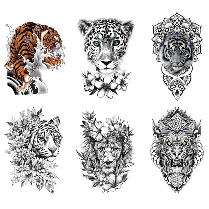 Lion Tiger Temporary Tattoo For Men Women Arm Neck Scary Devil Skull Skeleton Fake Tattoo Adult Teens Wolf Dragon Tattoo Sticker