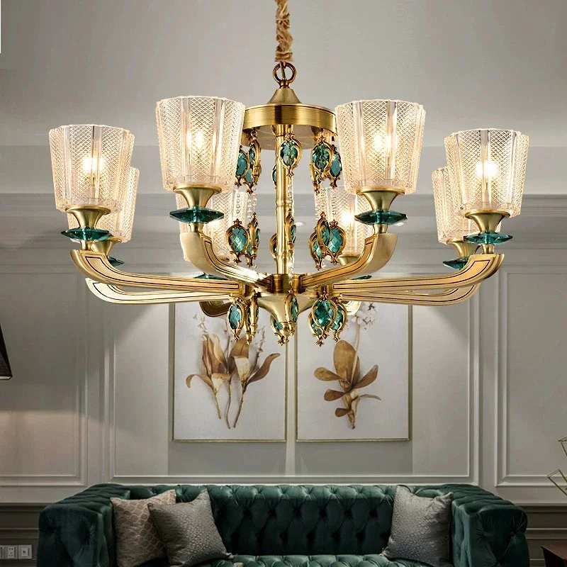 

Full Brass LED Glass Chandelier American Living Room Dining Room French Crystal Lamp Postmodern Home Bedroom Chandelier.