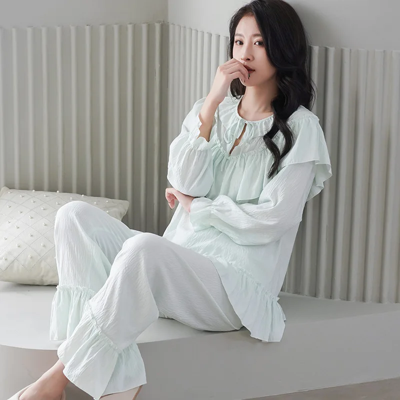 Spring New Cloud Cotton Pajamas Long Sleeve Pants Two-piece Set Palace Style Costume Lotus Leaf Edge Home Fury Clothes for Women