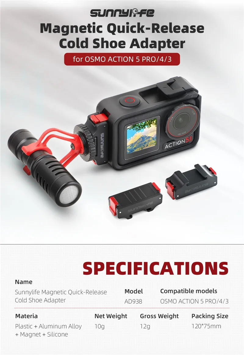 Kamera-Adapterbasis für DJI Osmo Action 5 Pro/Action 4/Action 3, magnetischer Kaltschuh, Gimbal, Schnellverschluss-Erweiterungsbasis, Zubehör – Detail 1