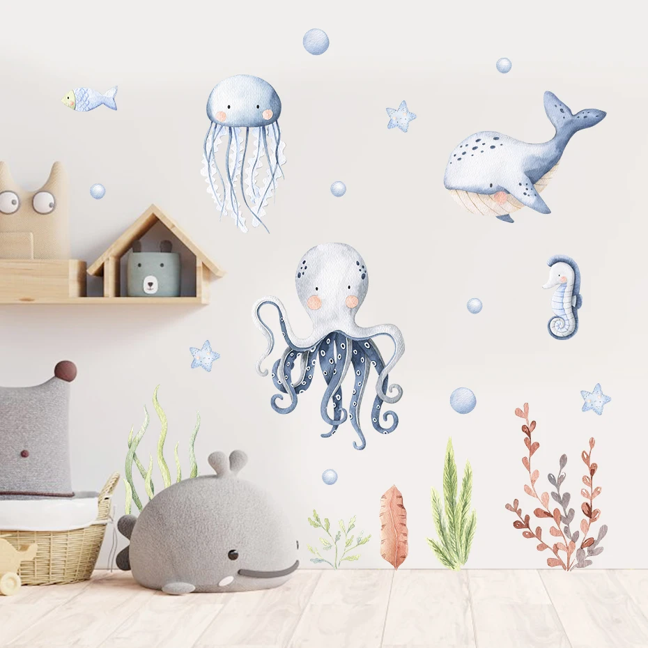 Wall Stickers Cartoon Cute Ocean Animal Watercolor Nursery Stickers Removable Wall Decals Art Print Kids Boys Room Interior Home Decor