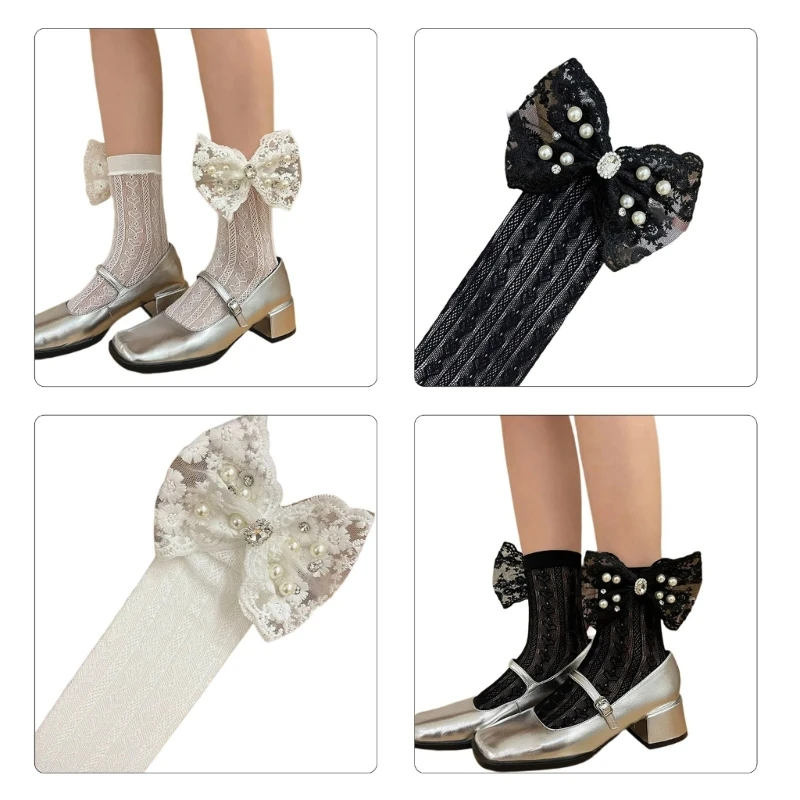 

Women Hollowed Out Heart Mesh Sock with Rhinestones Pearl Lace Bowknot DropShip