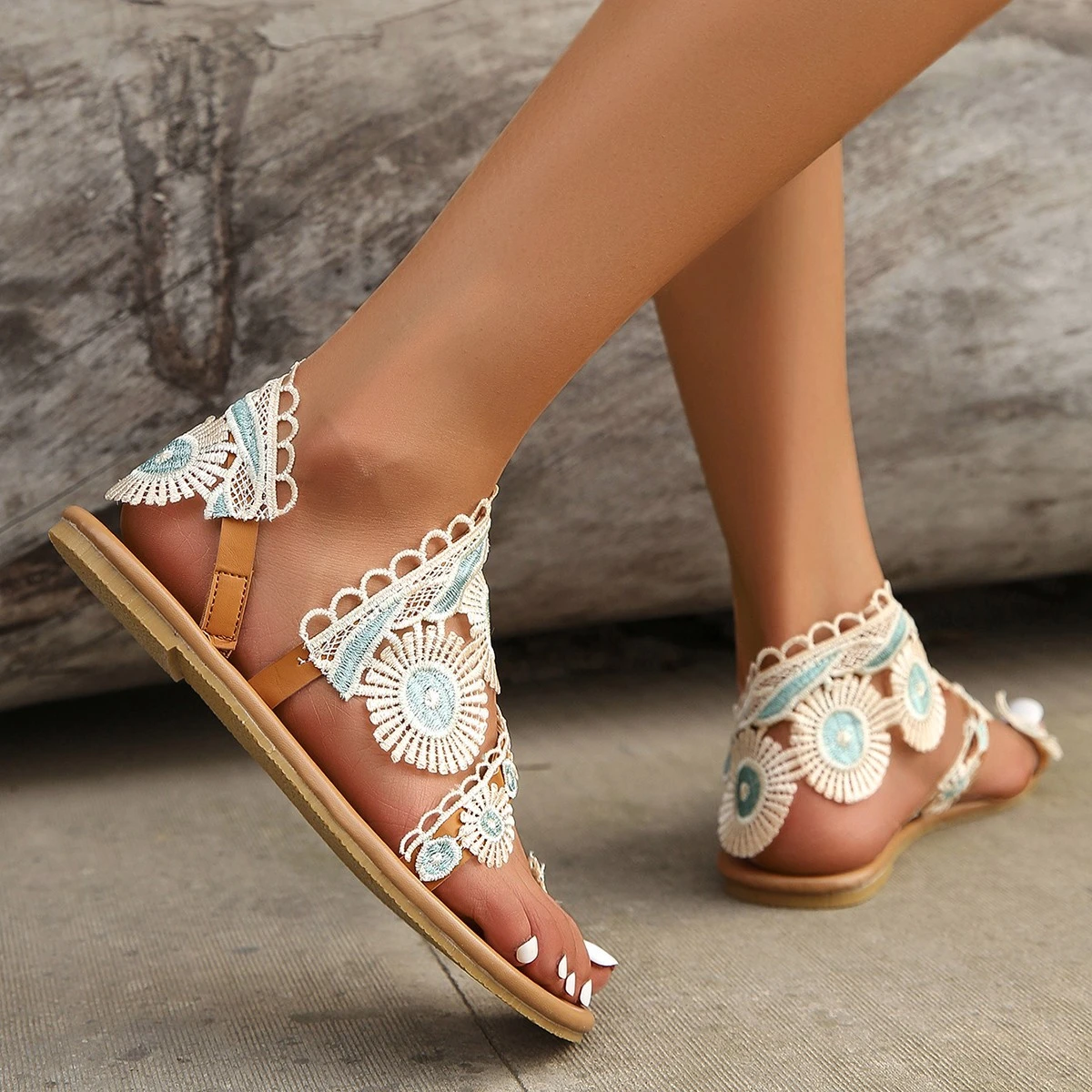 Women's sandals Fashion decal handmade flower set toe sandals large size daily wear with casual flat women's shoes