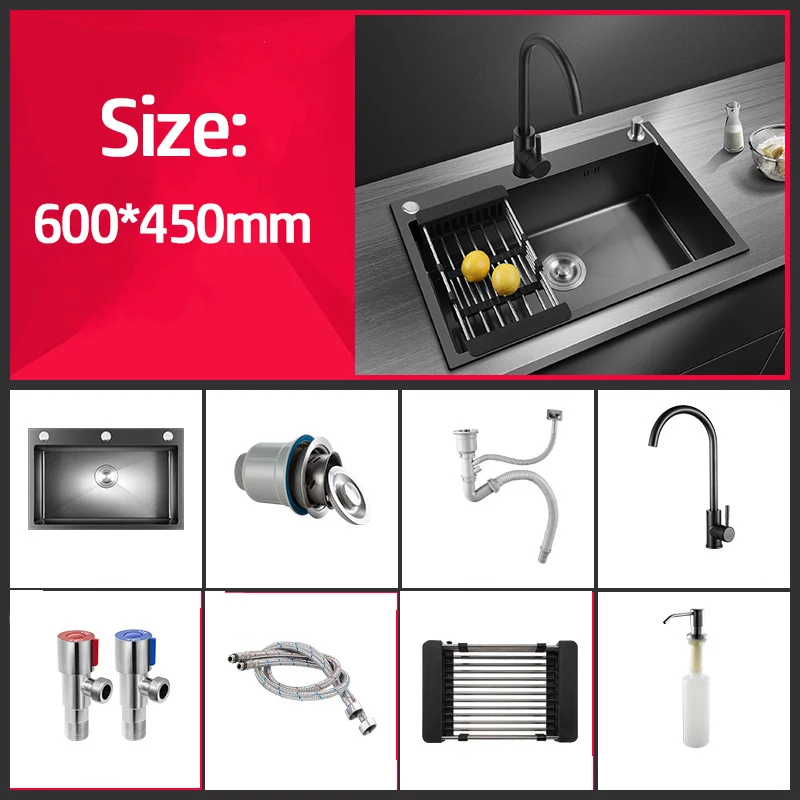 Black Nano Wash Basin Single Sink creative Stainless Steel Kitchen Sinks Drain Set Home Handmade Wash Basin Kitchen Accessories 4