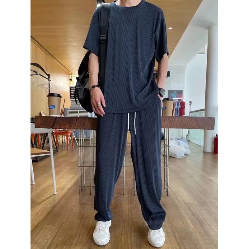 

Summer Men's Korean Fashion Loose Silk Tracksuits Elastic Breathable Comfortable Thin Ruffled T-shirt + Pants Two Piece Set Suit