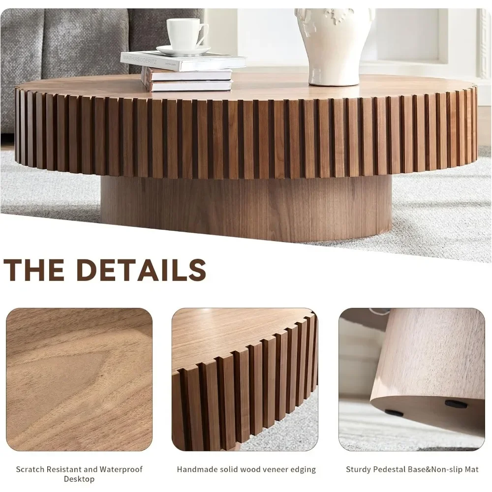 43.7''Oval Drum Coffee Table Handcrafted Relief Sturdy Pedestal Wooden Olive-Shaped Tea Table for Living Room 3