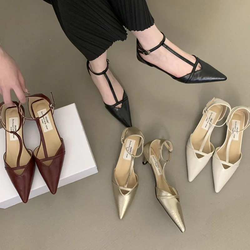 Red Spring New Women Sandal Fashion Pointed Toe Shallow Ladies Elegant Slingback Shoes Thin Low Heel Outdoor Dress Pumps